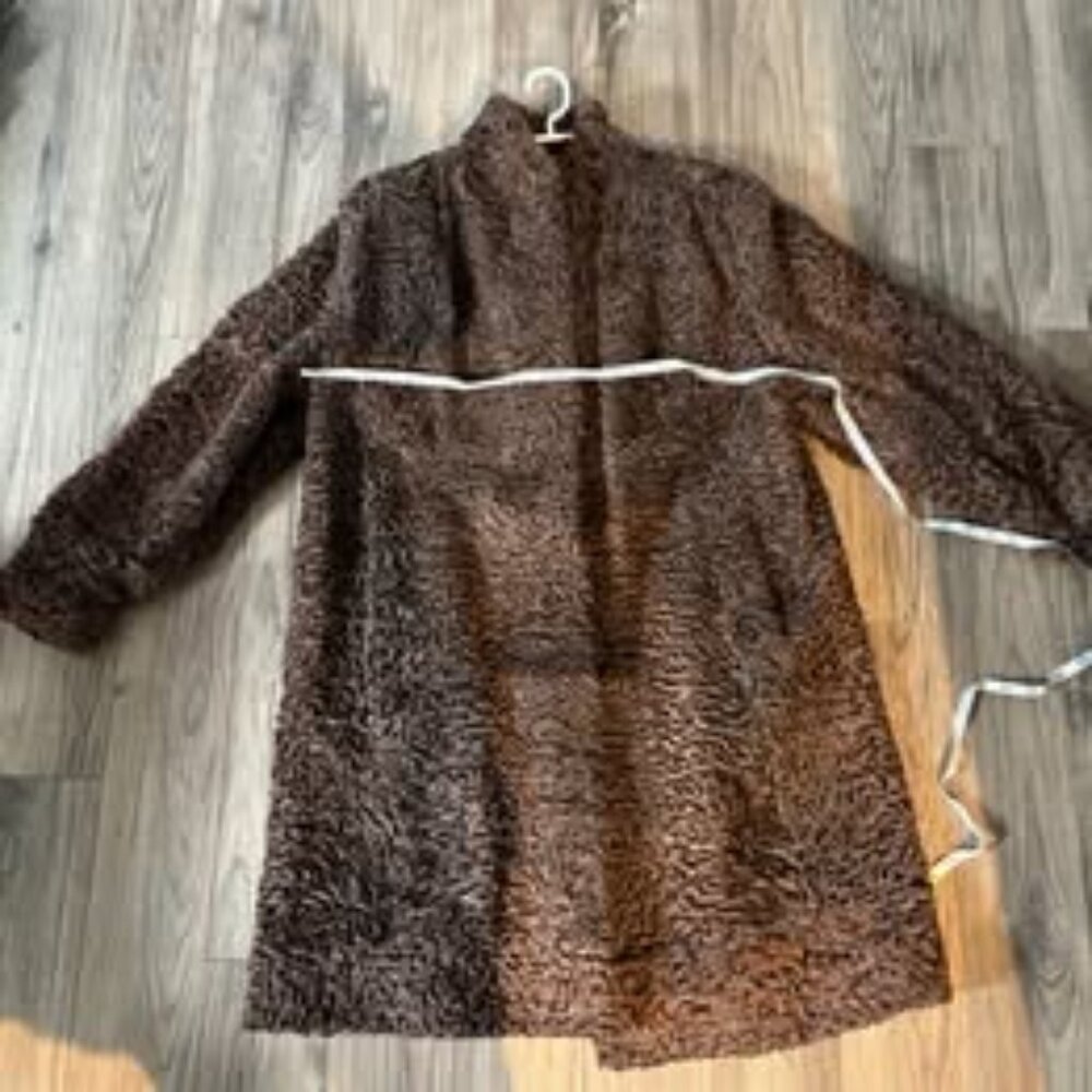 Élégant manteau vintage réversible – fourrure karakul & cuir chocolat